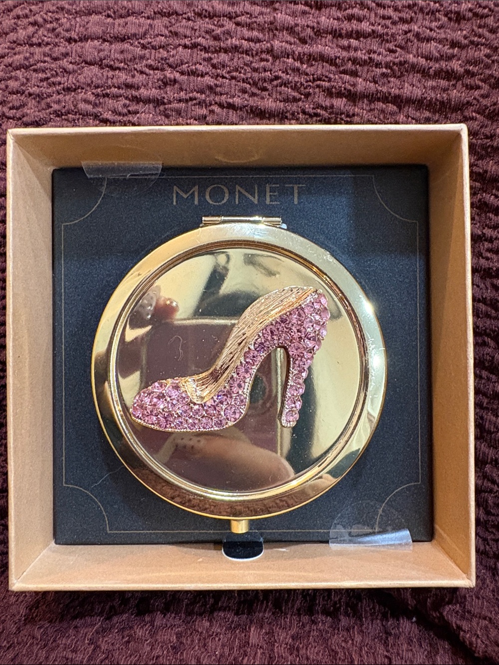 25-Monet Gold Compact Mirror with Pink Crystal High Heel Accent